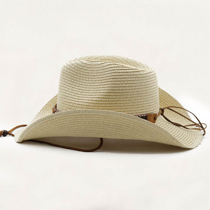 Cappello da cowboy rustico tribale in paglia con piuma e perline in metallo. - image 2
