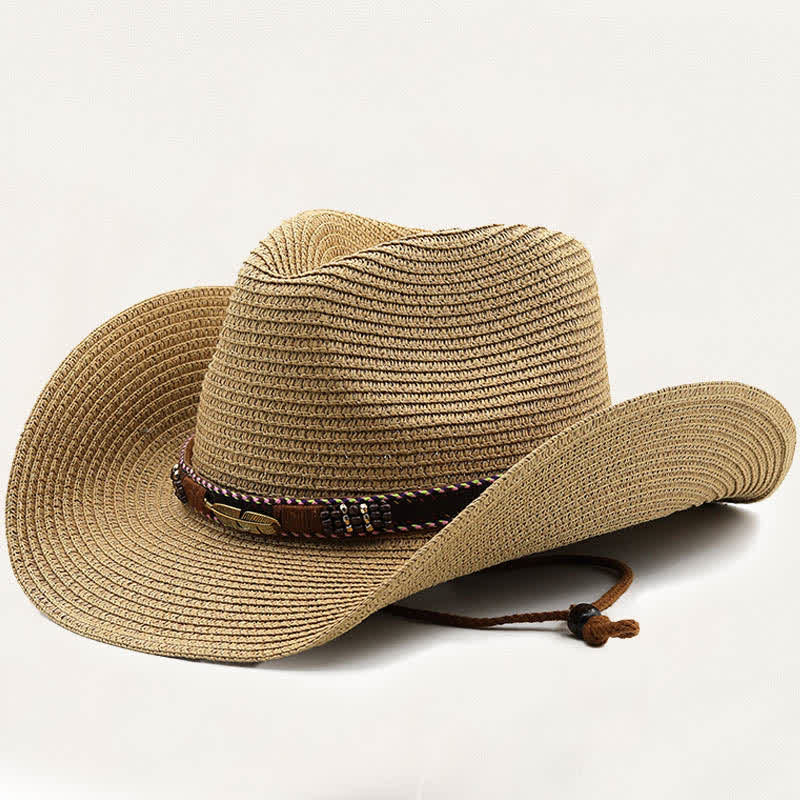 Cappello da cowboy rustico tribale in paglia con piuma e perline in metallo. - Cachi - M (22"-22 7/8") - image 9