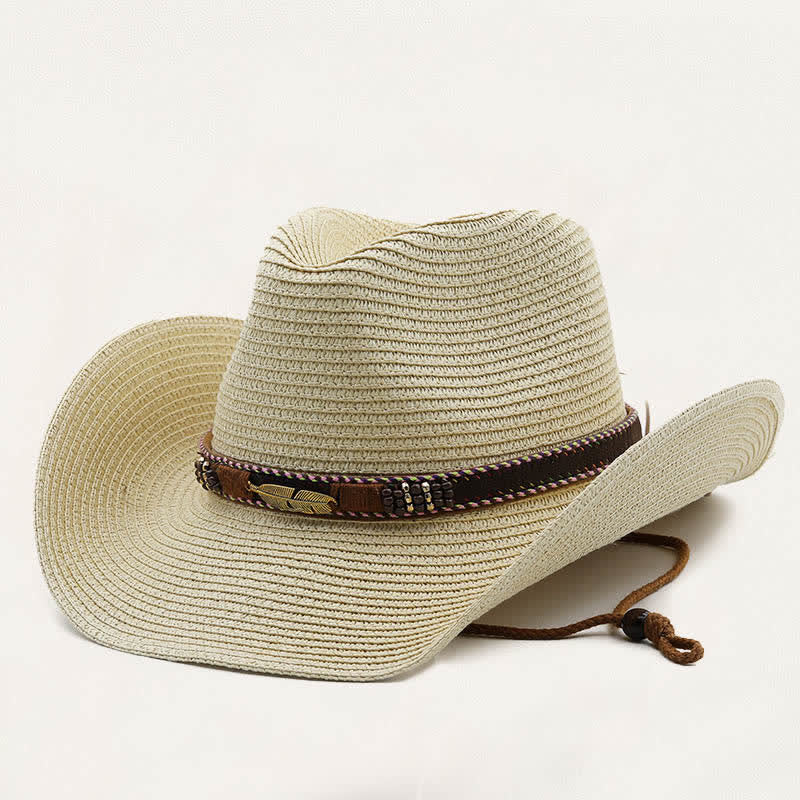Cappello da cowboy rustico tribale in paglia con piuma e perline in metallo. - Beige - M (22"-22 7/8") - image 0