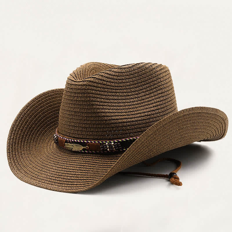 Cappello da cowboy rustico tribale in paglia con piuma e perline in metallo. - Caffè - M (22"-22 7/8") - image 3