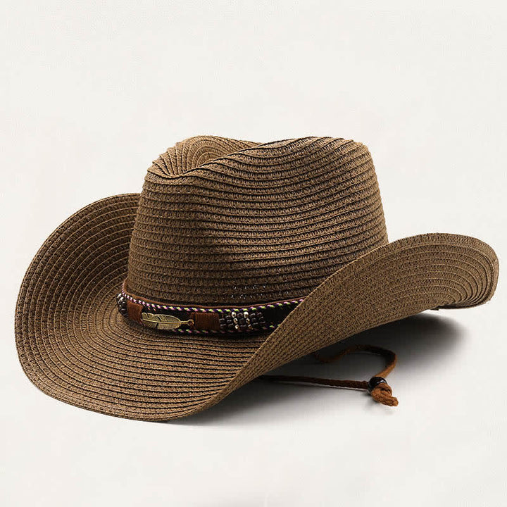 Cappello da cowboy rustico tribale in paglia con piuma e perline in metallo. - Caffè - M (22"-22 7/8") - image 3