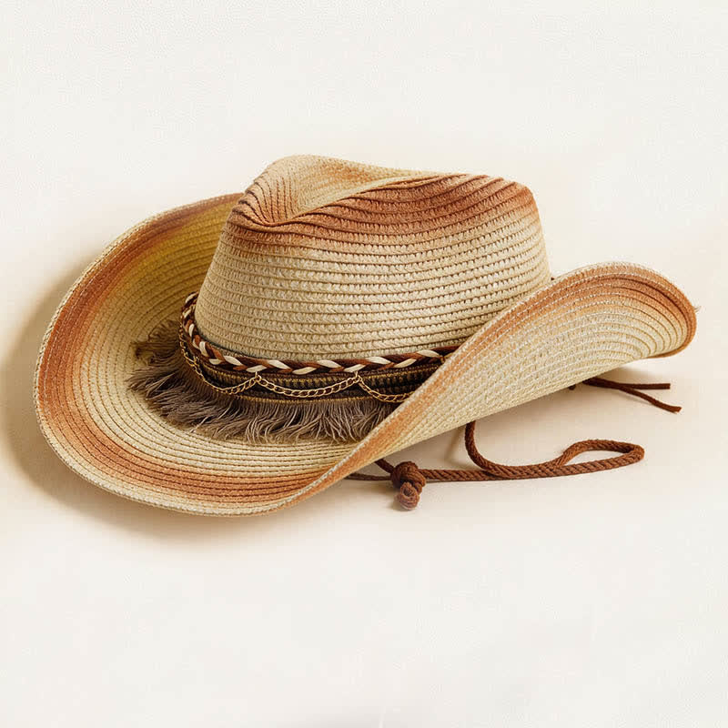 Cappello da cowboy in paglia stile retrò bohémien con frange e catena. - Avorio e rosso ruggine - M (22"-22 7/8") - image 8