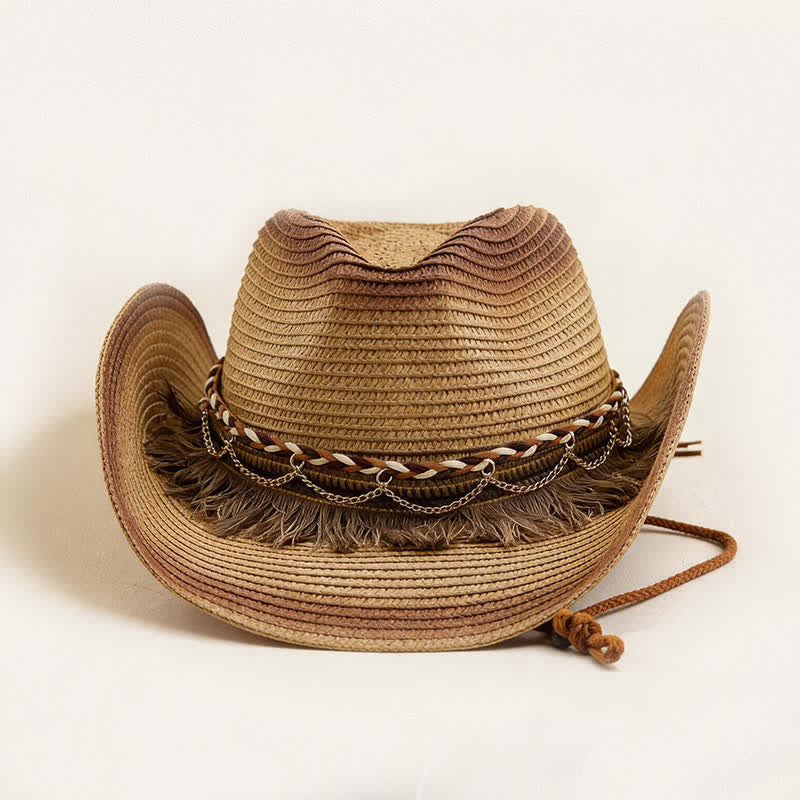 Cappello da cowboy in paglia stile retrò bohémien con frange e catena. - image 3