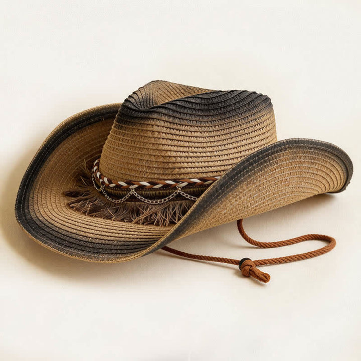 Cappello da cowboy in paglia stile retrò bohémien con frange e catena. - Kaki e nero - M (22"-22 7/8") - image 11