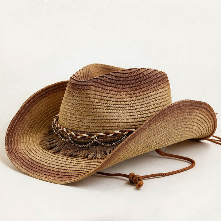 Cappello da cowboy in paglia stile retrò bohémien con frange e catena. - Cachi e caffè - M (22"-22 7/8") - image 2