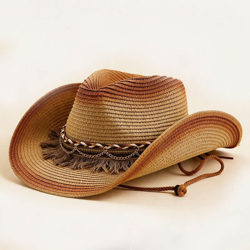 Cappello da cowboy in paglia stile retrò bohémien con frange e catena. - Kaki e rosso ruggine - M (22"-22 7/8") - image 9