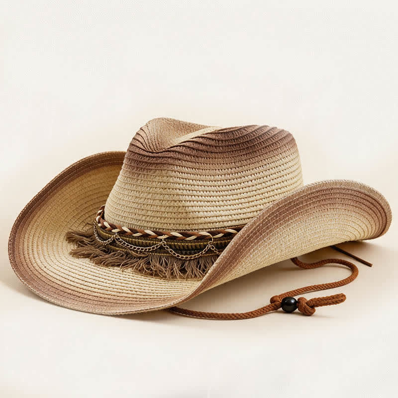 Cappello da cowboy in paglia stile retrò bohémien con frange e catena. - Avorio e caffè - M (22"-22 7/8") - image 10