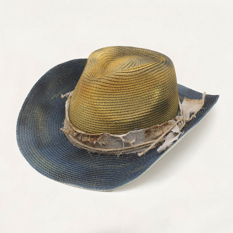 Cappello da cowboy in paglia effetto invecchiato con fascia rustica e dettaglio vintage. - Kaki e blu - M (22"-22 7/8") - image 5