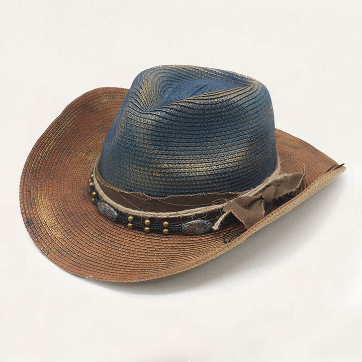 Cappello da cowboy in paglia effetto invecchiato con fascia rustica e dettaglio vintage. - Blu e kaki - M (22"-22 7/8") - image 0