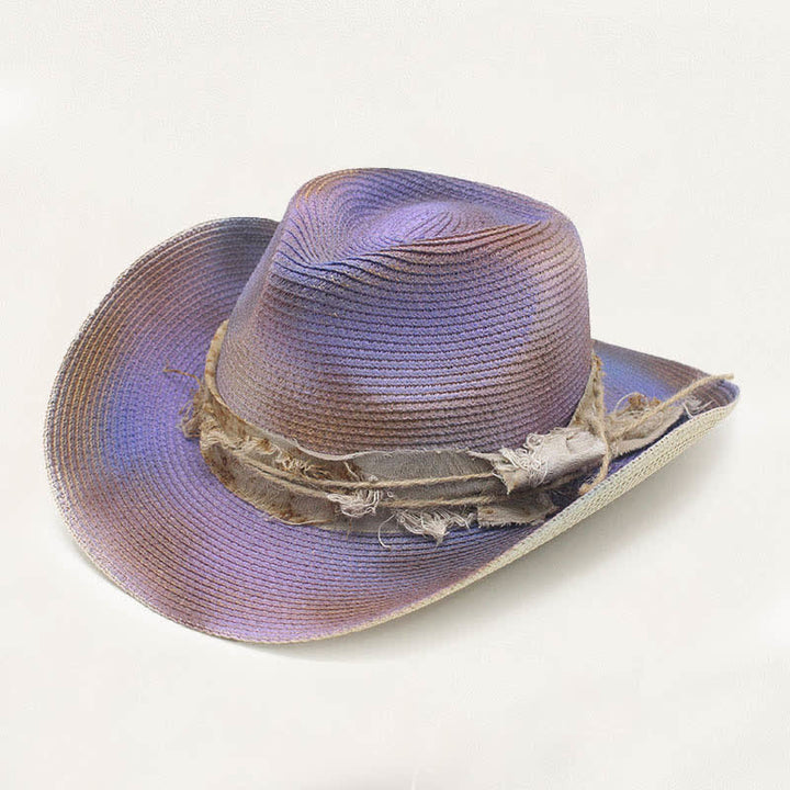 Cappello da cowboy in paglia effetto invecchiato con fascia rustica e dettaglio vintage. - Viola - M (22"-22 7/8") - image 7
