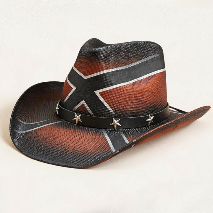 Cappello da cowboy in paglia con fascia decorata con stelle e motivo a croce western. - Rosso scuro - L (23 1/4"-23 5/8") - image 3