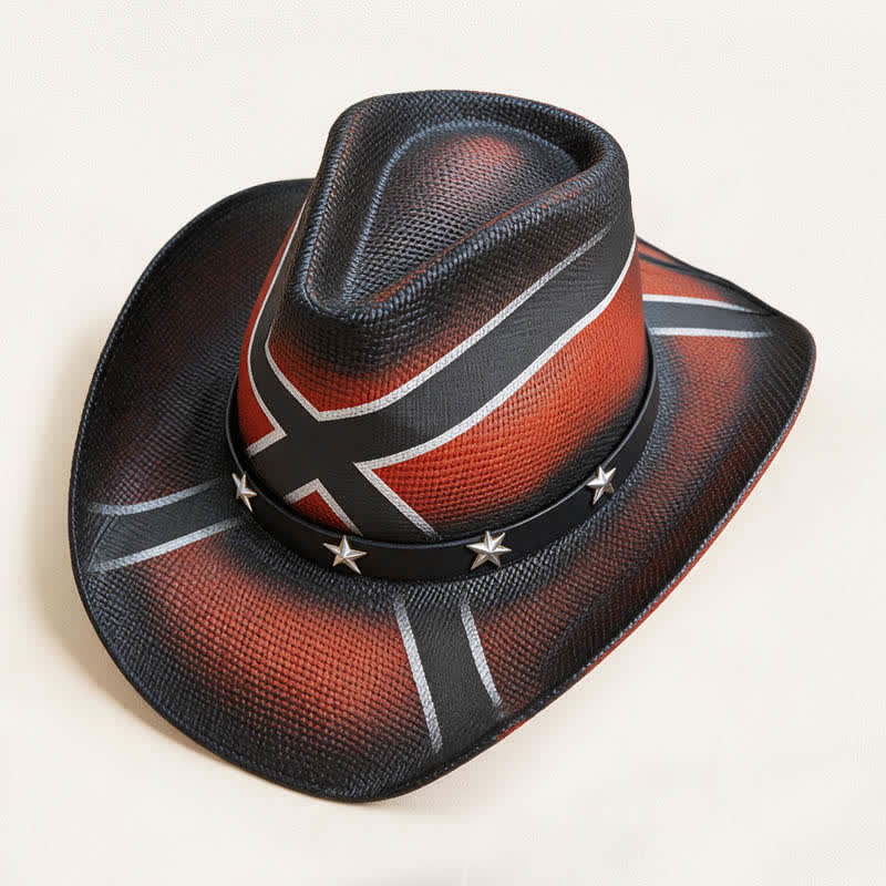 Cappello da cowboy in paglia con fascia decorata con stelle e motivo a croce western. - image 5