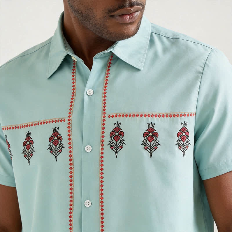 Camicia western da uomo a maniche corte con motivo etnico verde salvia - image 3