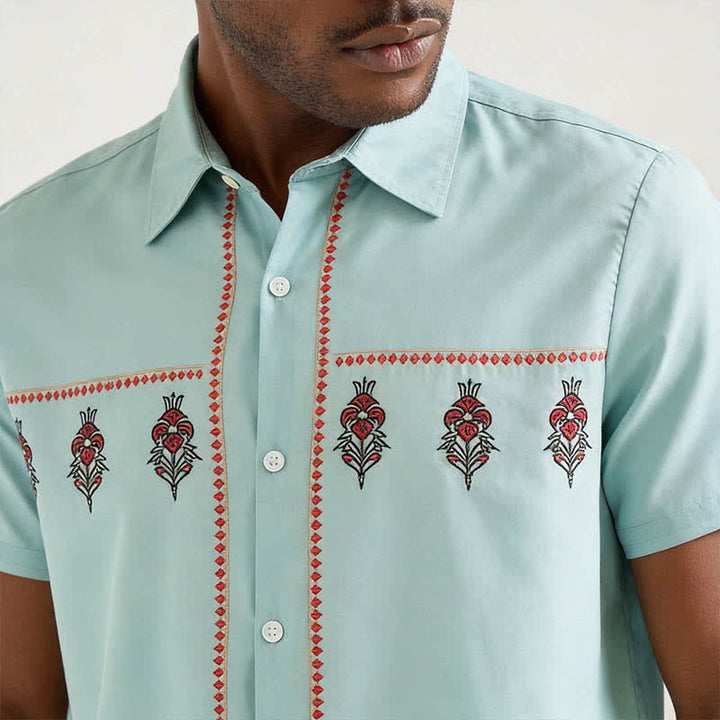 Camicia western da uomo a maniche corte con motivo etnico verde salvia - image 3