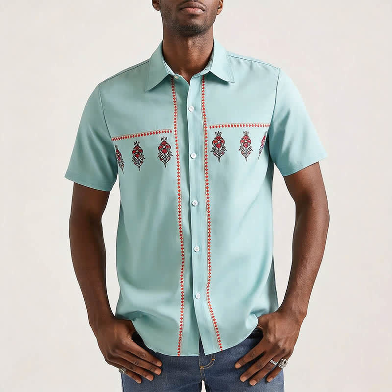 Camicia western da uomo a maniche corte con motivo etnico verde salvia - image 1