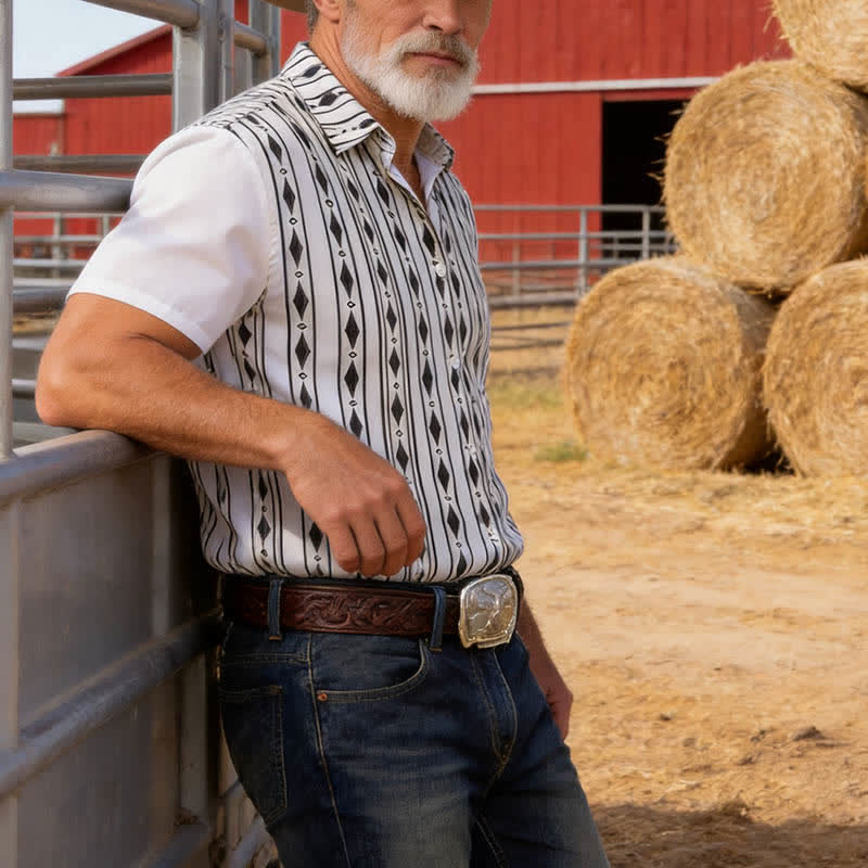 Camicia western da uomo bianca con stampa a righe verticali geometriche - Bianco - 5XL - image 0