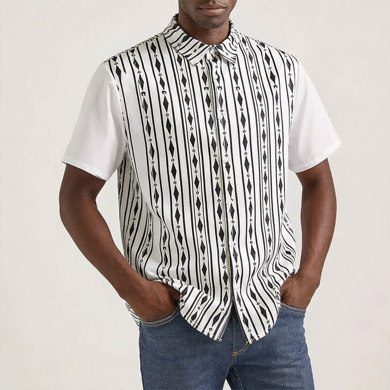 Camicia western da uomo bianca con stampa a righe verticali geometriche - image 1