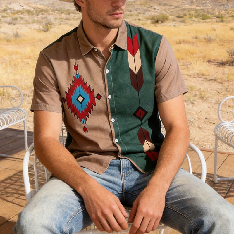 Camicia western da uomo con stampa tribale azteca e colori divisi - kaki scuro - 6XL - image 0