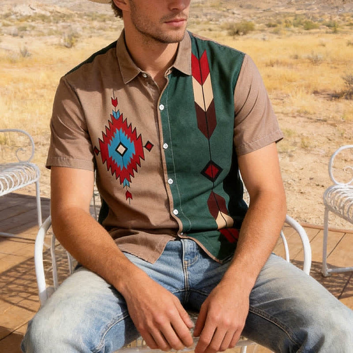 Camicia western da uomo con stampa tribale azteca e colori divisi - kaki scuro - 6XL - image 0