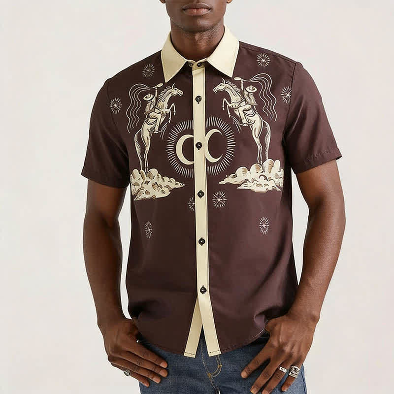 Camicia da uomo vintage con stampa luna e cielo notturno in stile cowboy - image 2