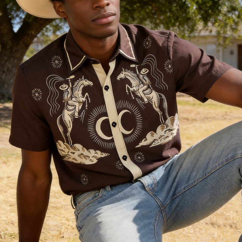 Camicia da uomo vintage con stampa luna e cielo notturno in stile cowboy - Marrone scuro - 6XL - image 0