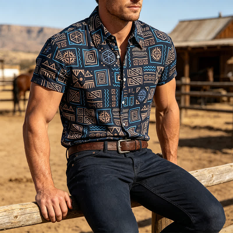Camicia da uomo in stile western con motivo geometrico africano tribale azteco - Blu scuro - 3XL - image 0