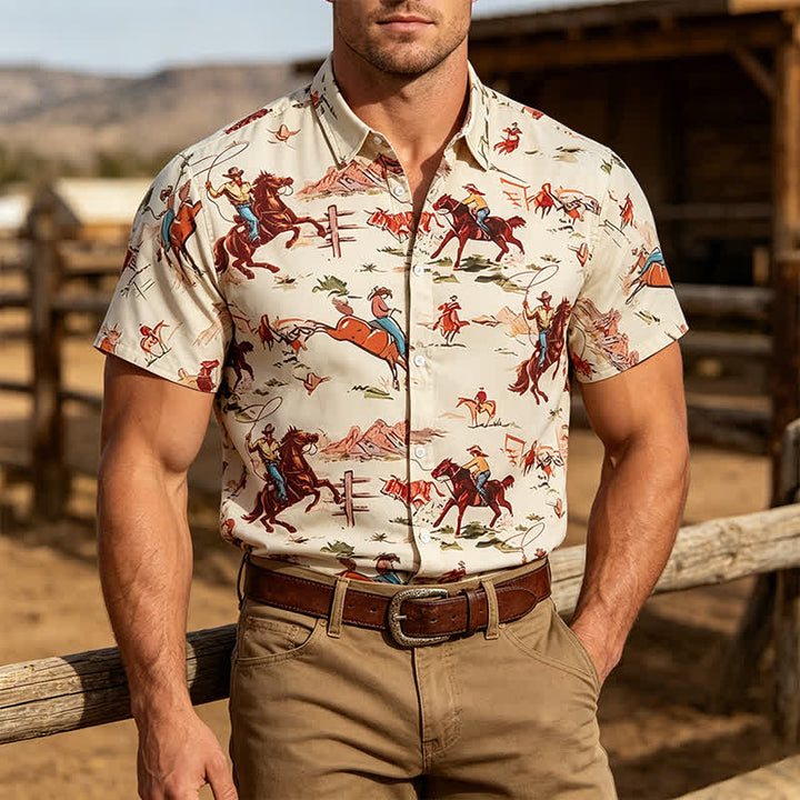 Camicia western da uomo in stile retrò con stampa di lazo e cavallo - Avorio - 5XL - image 0