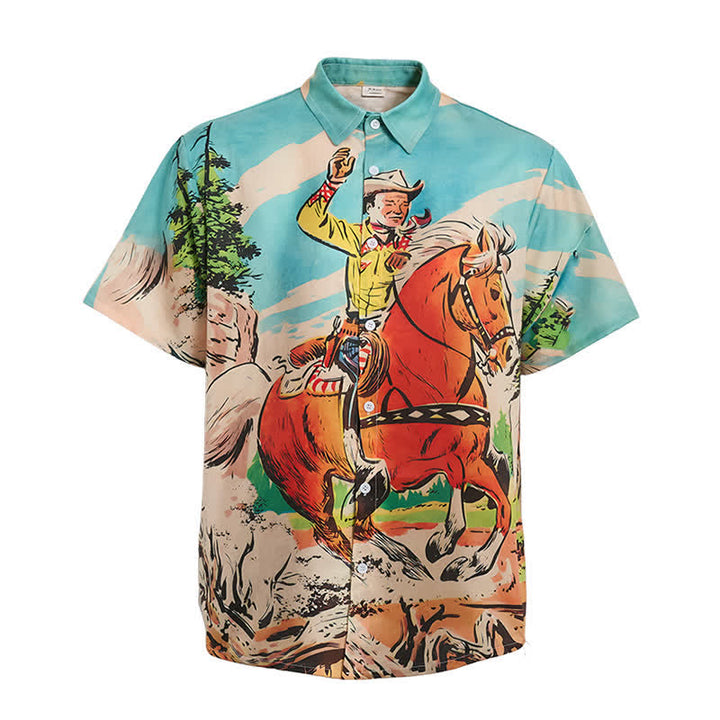 Camicia western da uomo con stampa di cowboy e cavalli in stile retrò a fumetti - image 9