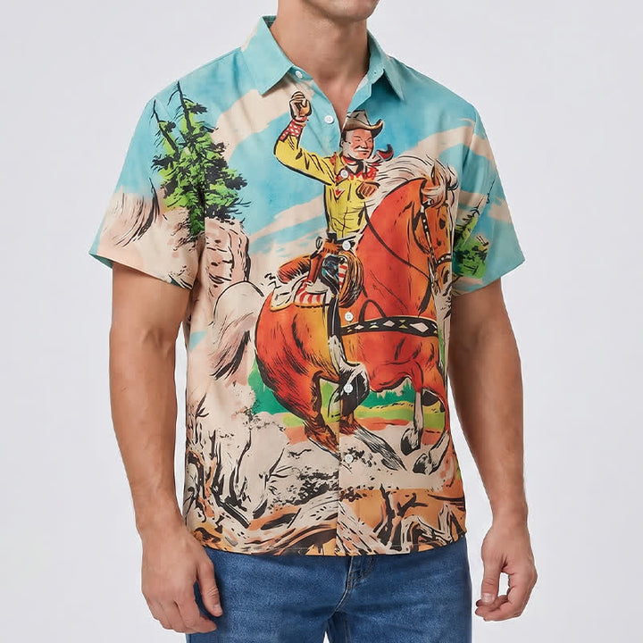 Camicia western da uomo con stampa di cowboy e cavalli in stile retrò a fumetti - image 3