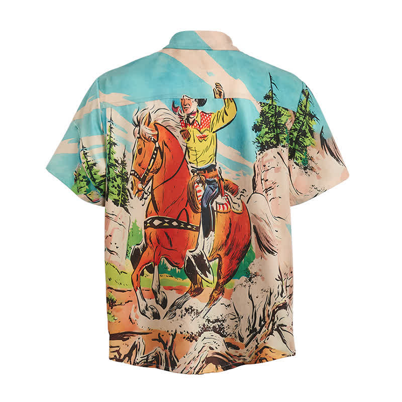 Camicia western da uomo con stampa di cowboy e cavalli in stile retrò a fumetti - image 10