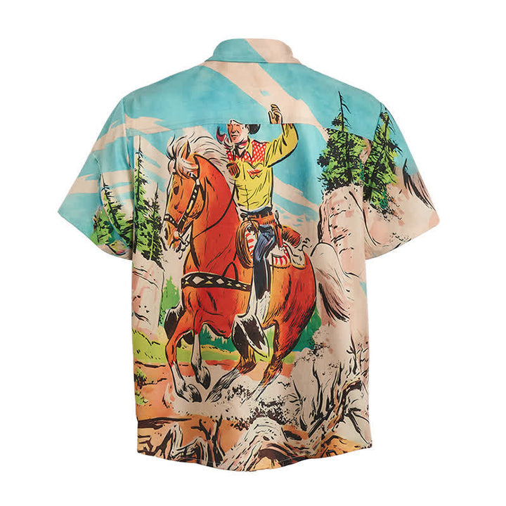 Camicia western da uomo con stampa di cowboy e cavalli in stile retrò a fumetti - image 10