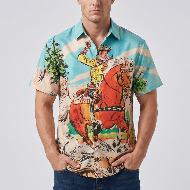 Camicia western da uomo con stampa di cowboy e cavalli in stile retrò a fumetti - image 1