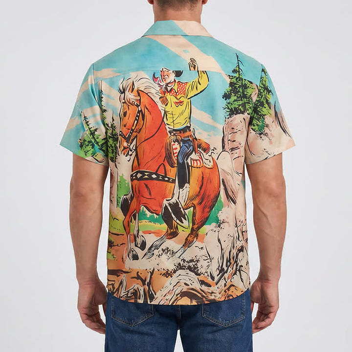 Camicia western da uomo con stampa di cowboy e cavalli in stile retrò a fumetti - image 2