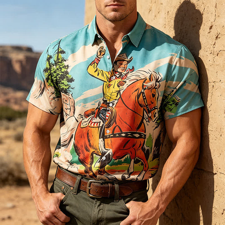 Camicia western da uomo con stampa di cowboy e cavalli in stile retrò a fumetti - Blu - 5XL - image 0