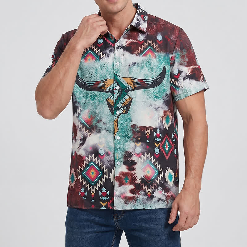 Camicia western da uomo con stampa tribale a teschio di longhorn - image 1