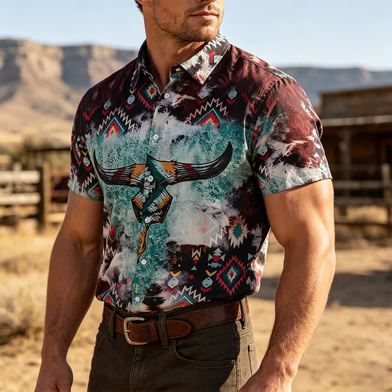 Camicia western da uomo con stampa tribale a teschio di longhorn - Marrone e verde - 5XL - image 0