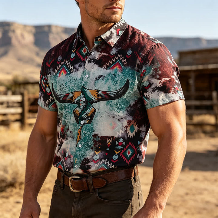 Camicia western da uomo con stampa tribale a teschio di longhorn - Marrone e verde - 5XL - image 0