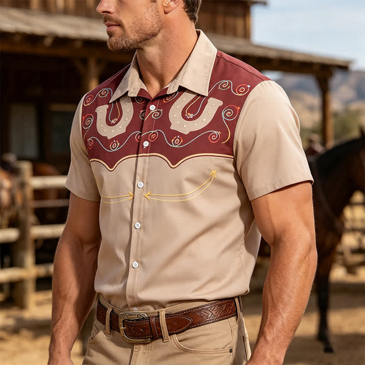 Camicia da uomo bicolore in stile western con motivo a ferro di cavallo e carré. - Marrone e kaki - 4XL - image 0