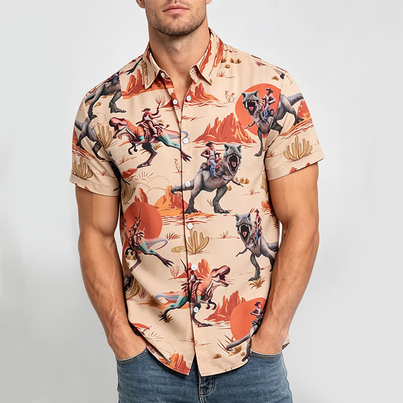 Camicia da uomo con stampa a tema Far West con dinosauro cavaliere - image 1