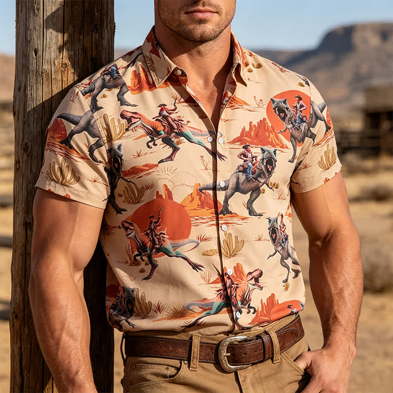 Camicia da uomo con stampa a tema Far West con dinosauro cavaliere - Biscotto - 5XL - image 0