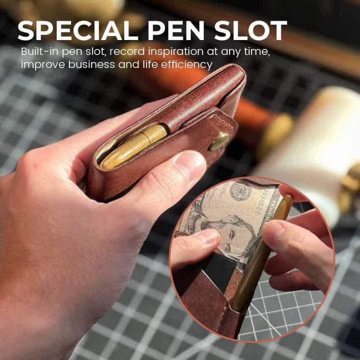 Portafoglio compatto e multifunzionale in pelle con mini scomparto per penna. - image 5