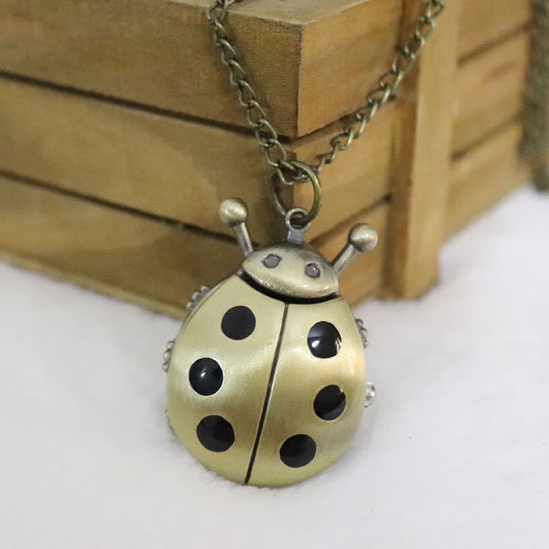 Collana con orologio da tasca vintage antico a forma di coccinella in bronzo - Nero - image 1