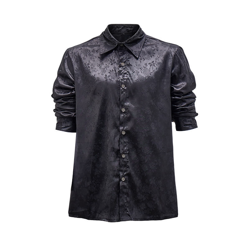 Camicia elegante da uomo a maniche lunghe con motivo a rose jacquard e bottoni nascosti. - Nero - 2XL - image 0