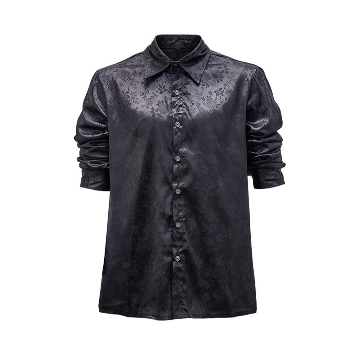 Camicia elegante da uomo a maniche lunghe con motivo a rose jacquard e bottoni nascosti. - Nero - 2XL - image 0