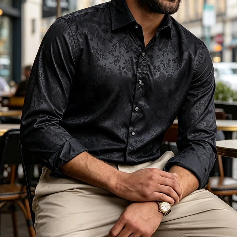 Camicia elegante da uomo a maniche lunghe con motivo a rose jacquard e bottoni nascosti. - image 1