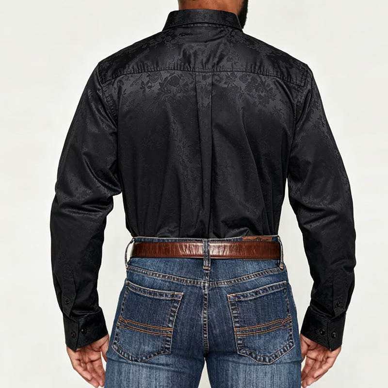Camicia elegante da uomo a maniche lunghe con motivo a rose jacquard e bottoni nascosti. - image 4