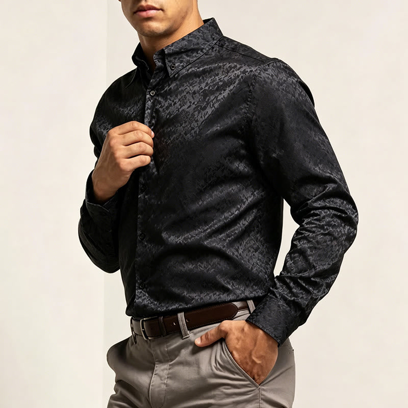 Camicia elegante da uomo a maniche lunghe con motivo a rose jacquard e bottoni nascosti. - image 3