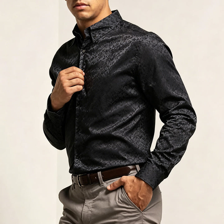 Camicia elegante da uomo a maniche lunghe con motivo a rose jacquard e bottoni nascosti. - image 3