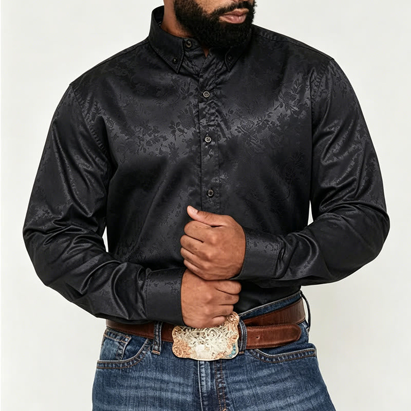 Camicia elegante da uomo a maniche lunghe con motivo a rose jacquard e bottoni nascosti. - image 2