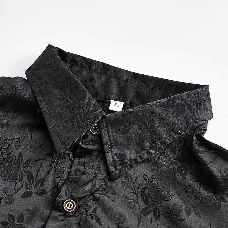 Camicia elegante da uomo a maniche lunghe con motivo a rose jacquard e bottoni nascosti. - image 6